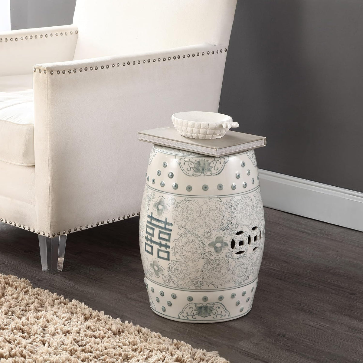 JONATHAN Y Double Happiness Ceramic Garden Stool 18" Table, Gray Blue/White