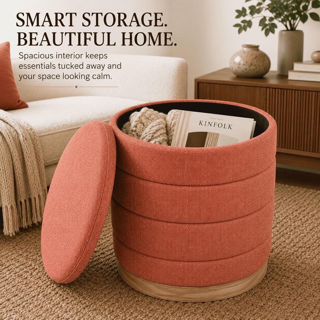 Linen Storage Ottoman Round Footrest with Hidden Storage, Coral Orange 16" L X16 W X 17" H