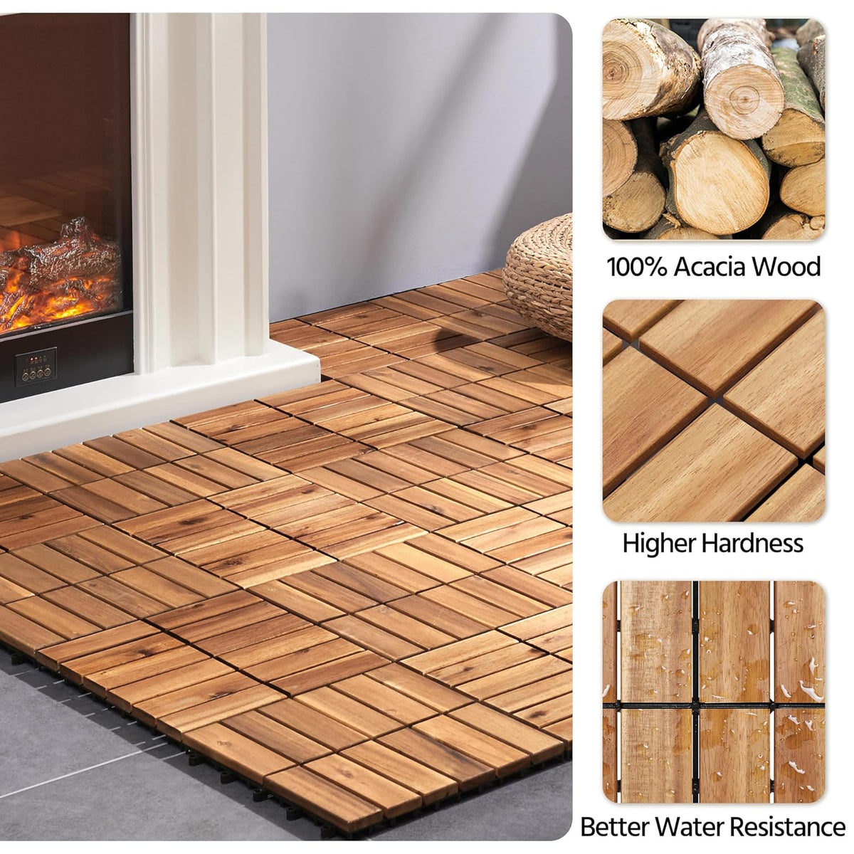 yaheetech 27pcs acacia interlocking deck tiles outdoor patio showing dimensions