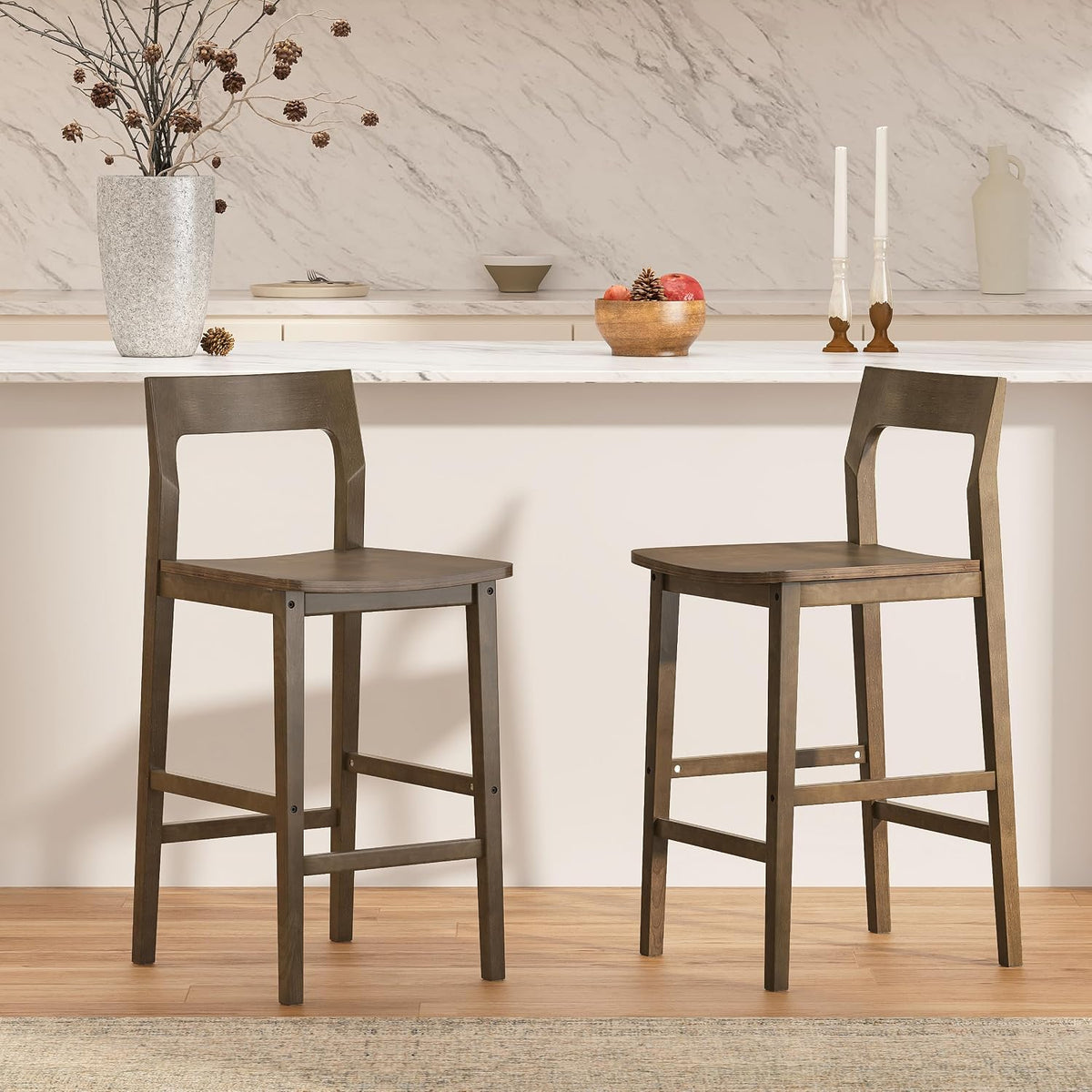 EYYTHUNG Basics Bar Stools Set of 4, Farmhouse 25” Counter Height Stools with Solid Wood Legs & Back, Mid Century Modern Barstools for Kitchen Island, Dining Room, Brown