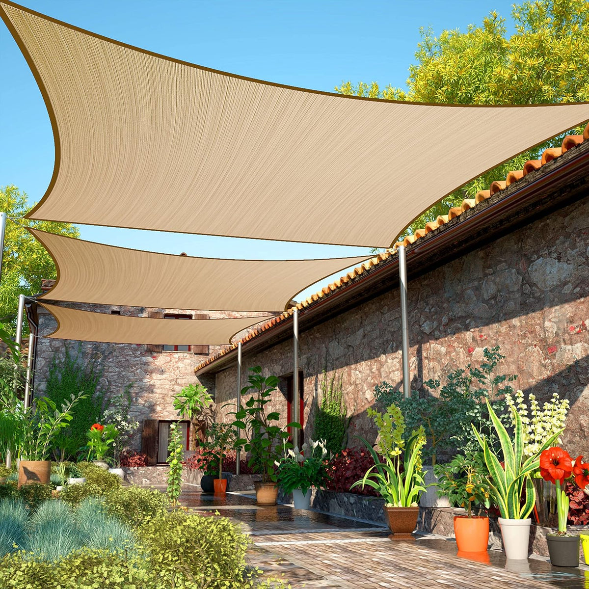 ShadeMart 10' x 16' Sand Sun Shade Sail UPF50 Rectangle Canopy Fabric Cloth Screen smTAPR1016, Water and Air Permeable & UV Resistant, Heavy Duty, Carport Patio Outdoor - (We Customize Size)
