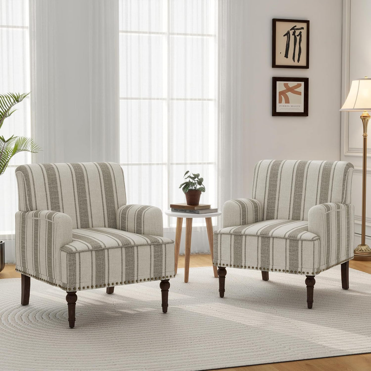 Mid-Century Modern Accent Chair, Brown Stripe, Set of 1