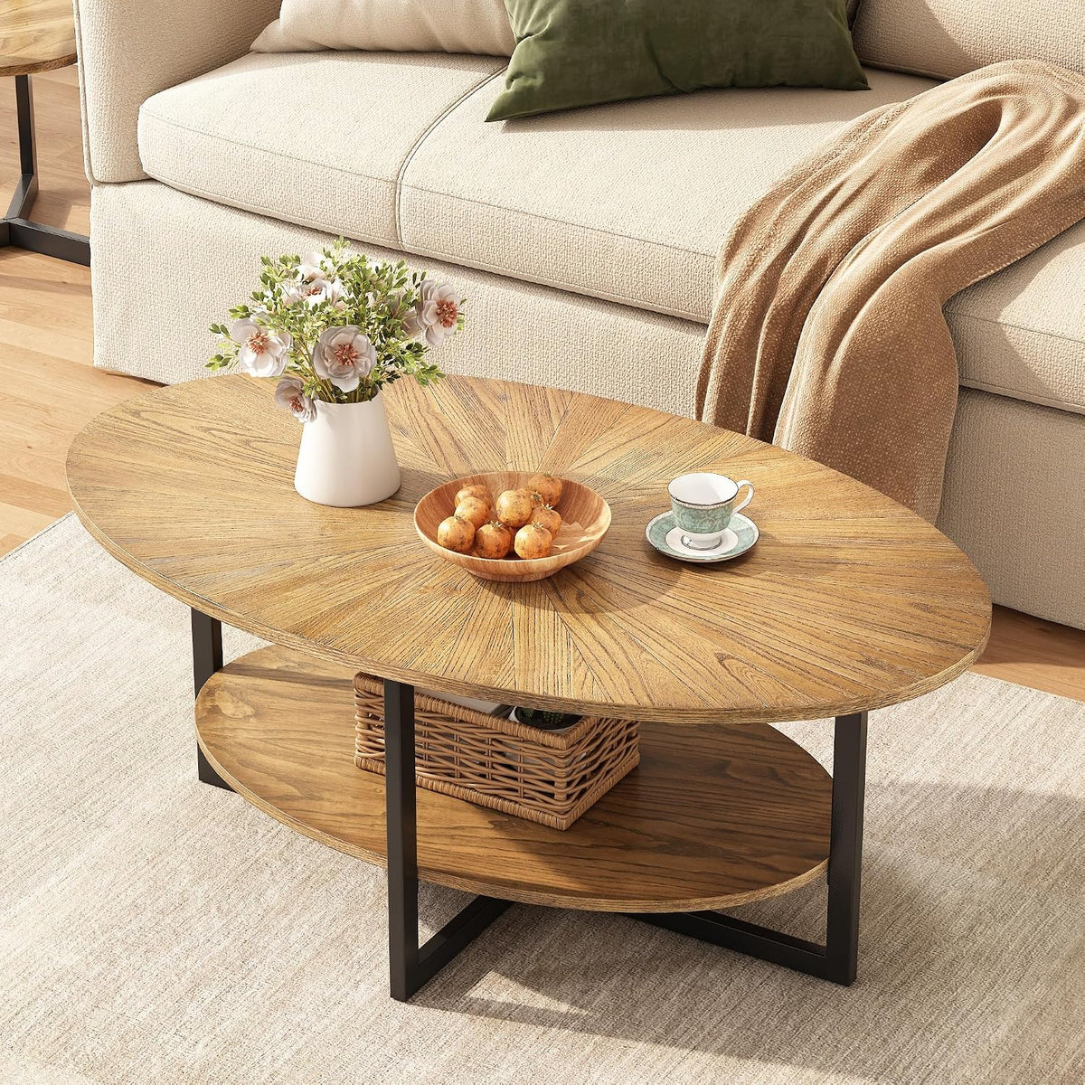 Wood Oval Coffee Table with Storage Shelf, 2-Tier, Rustic Nature