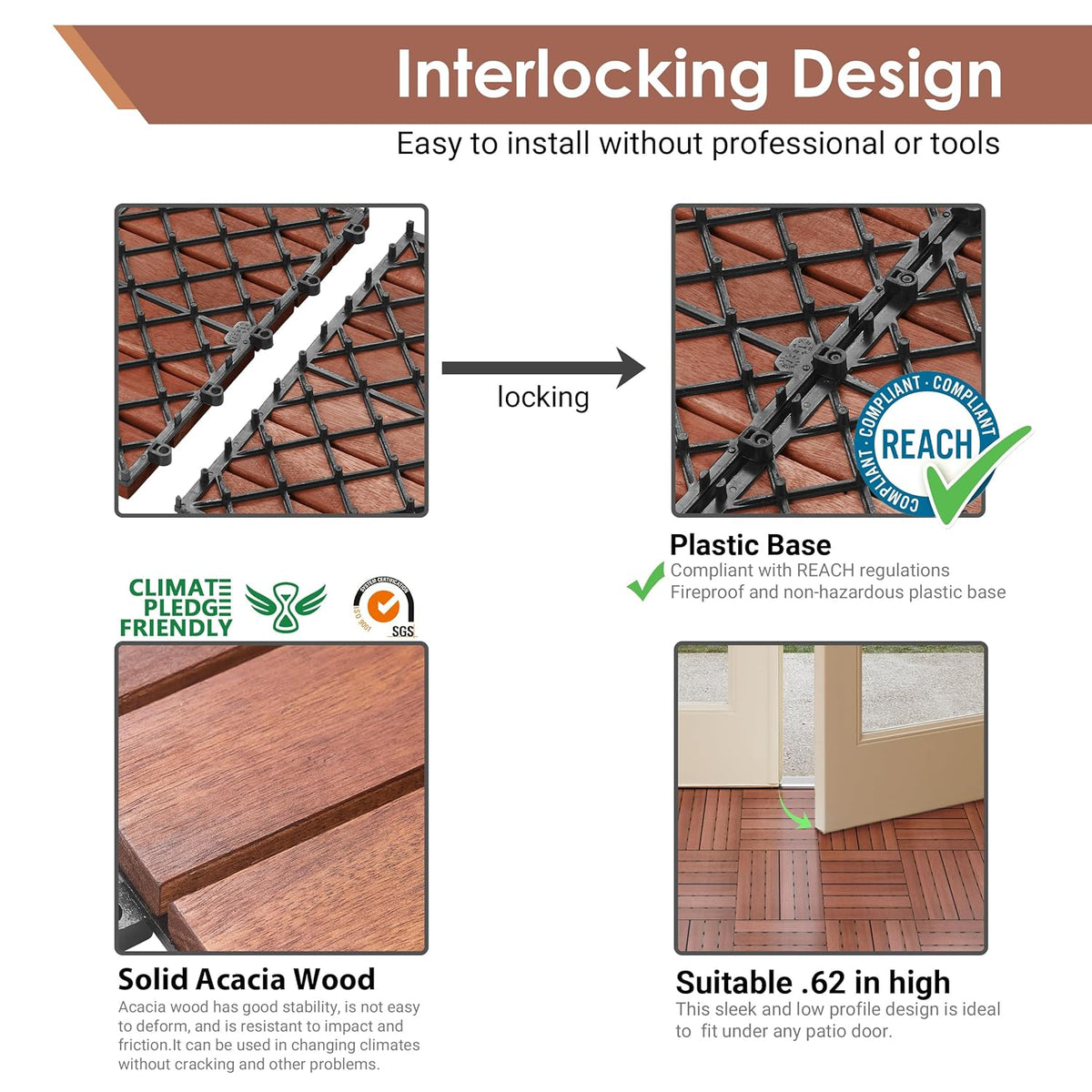 PrimeZone 27 PCS Solid Acacia Wood Interlocking Patio Deck Tiles Outdoor