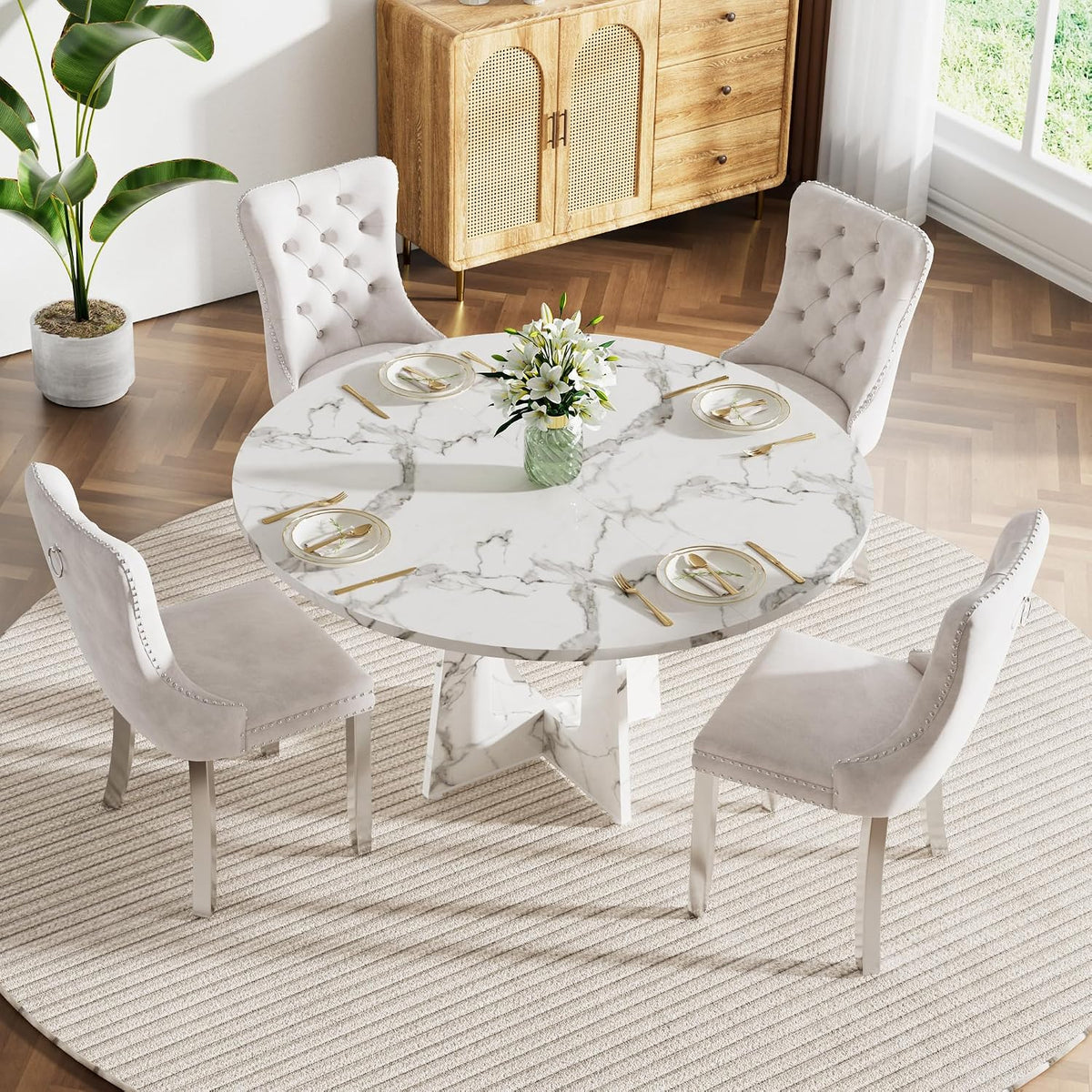 47" Round Farmhouse Dining Table Set for 4, Circle White Faux Marble Kitchen Table with 4 Beige Velvet Upholstered Dining Chairs, Wooden Kitchen and Dining Room Table Set for Dining Room