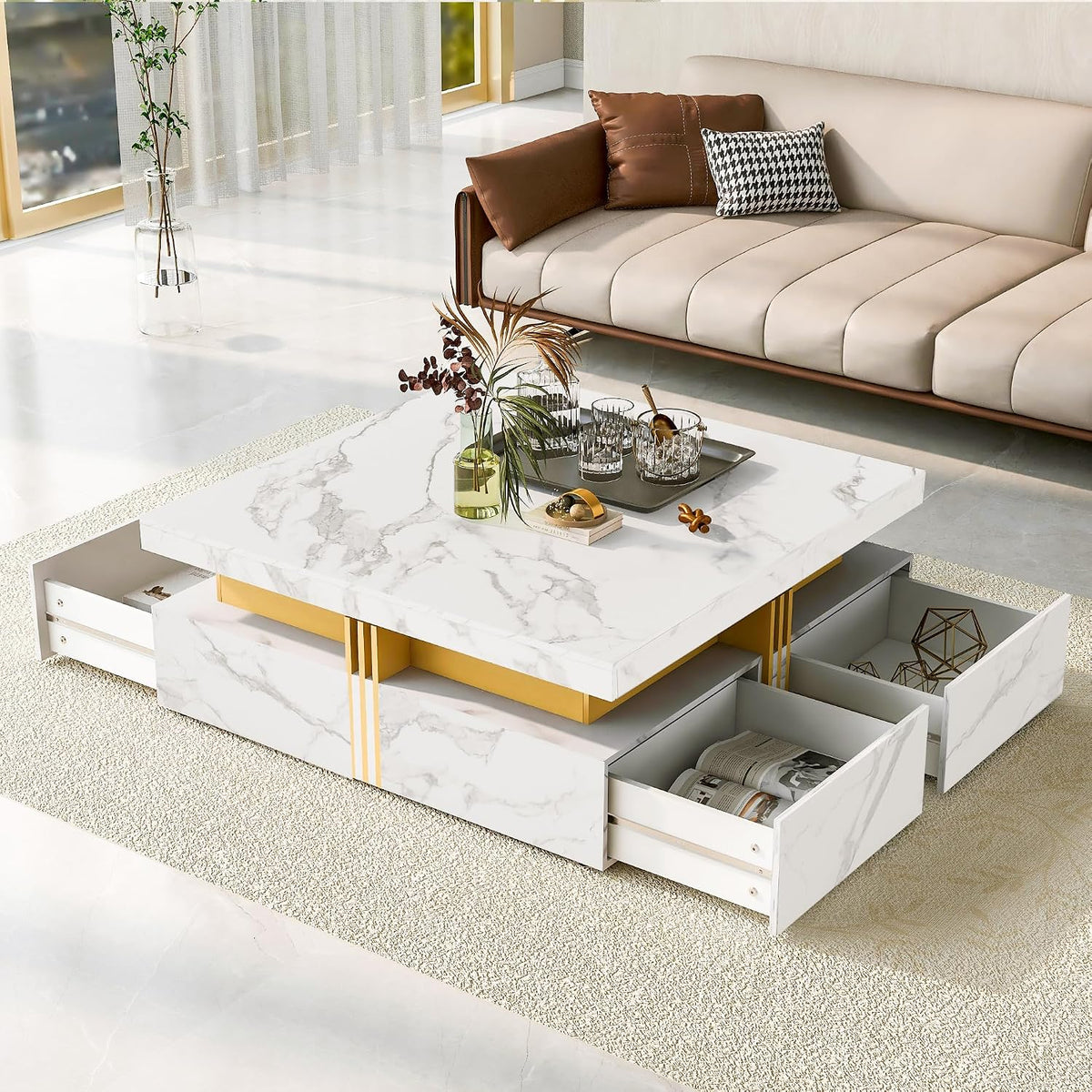 Merax Coffee Table, Modern Square Coffee Table with 4 Drawers, Contemporary Luxury Center Table Cocktail Table with Gold Accents for Living Room, 43.3" Lx 43.3" W (White)