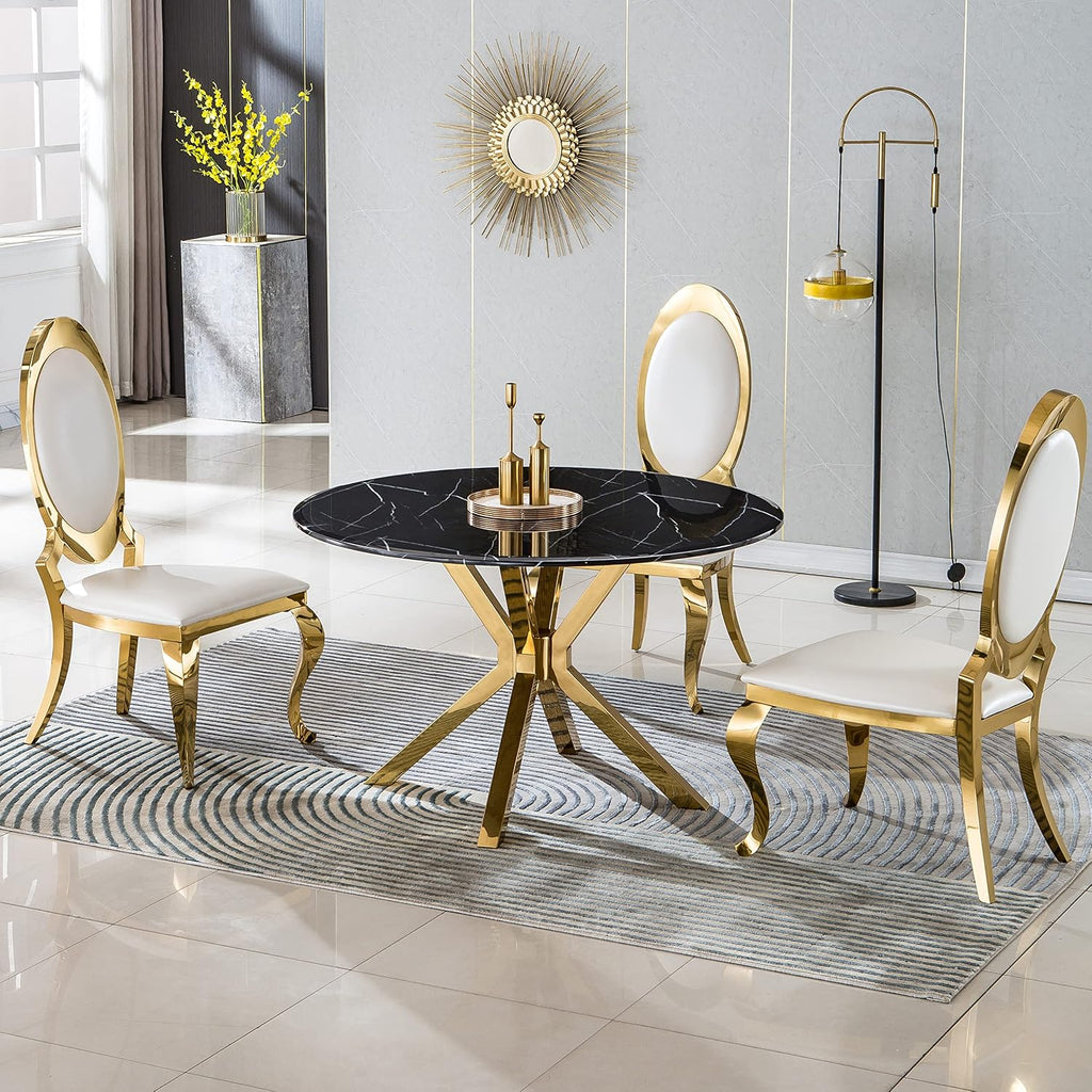 SSLine Modern Luxury White Faux Leather Dining Chairs Set of 4 Gold Legs