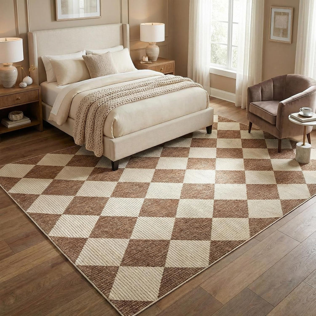 GarveeHome Brown Area Rugs 8x10 Modern Living Room Checkered Washable Rug