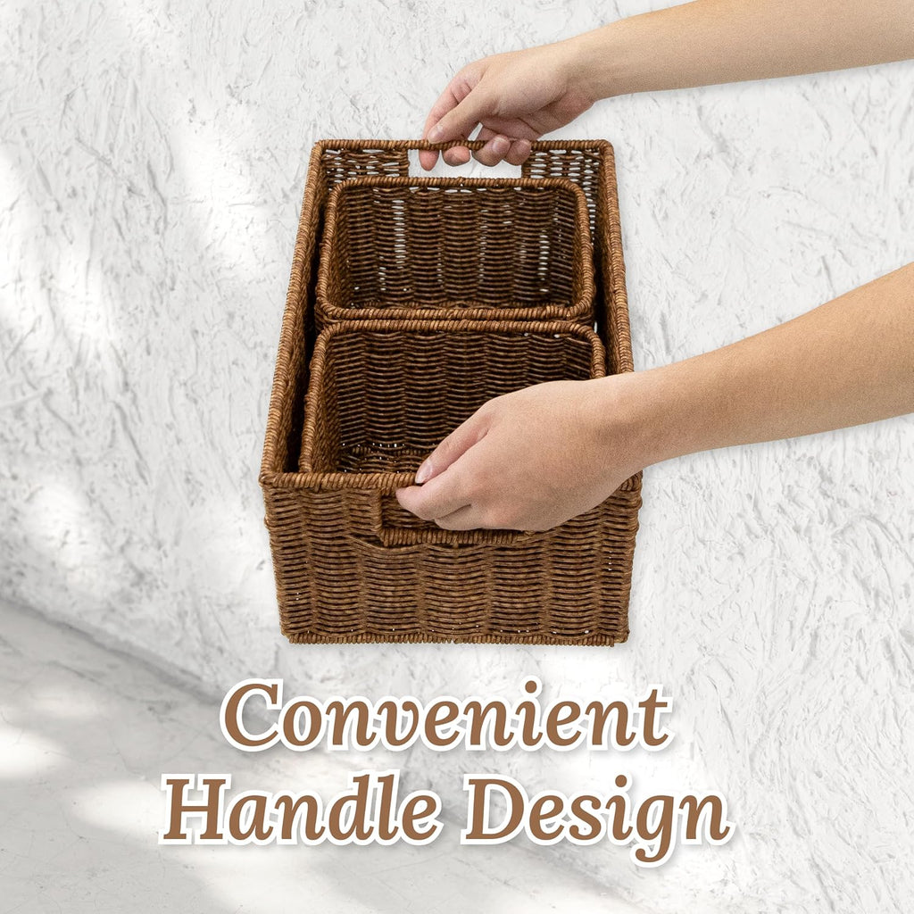 WeeNest Wicker Basket with Handle, Shelf Baskets for Organizing, Woven Organization Storage with Handles, Resin Wicker Set of 3, Toffee