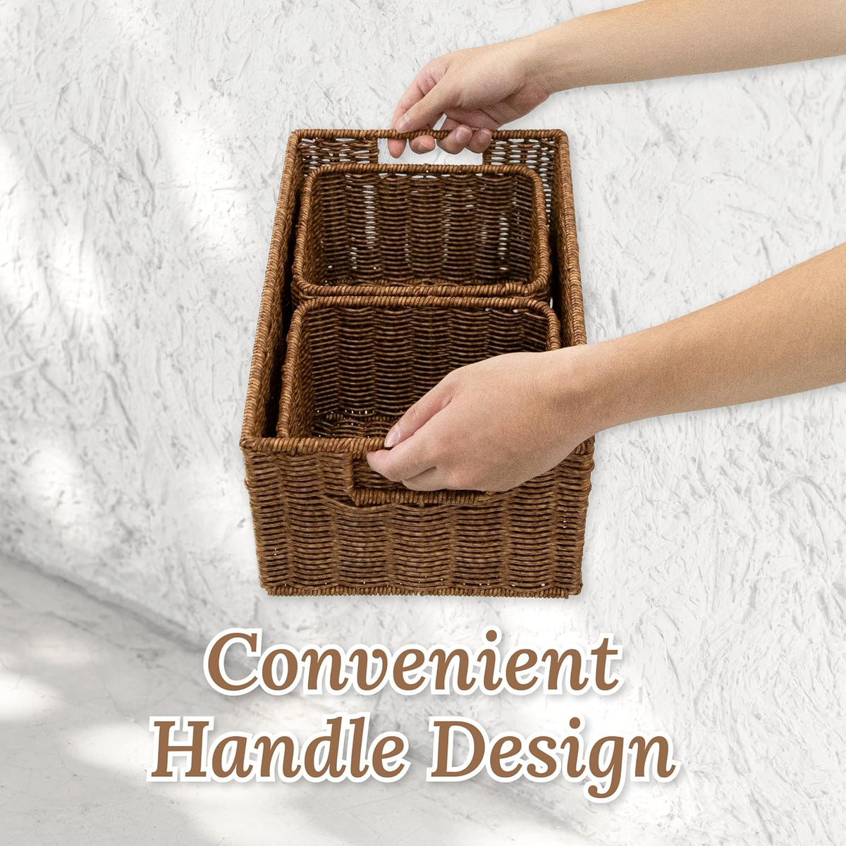 WeeNest Wicker Basket with Handle, Shelf Baskets for Organizing, Woven Organization Storage with Handles, Resin Wicker Set of 3, Toffee