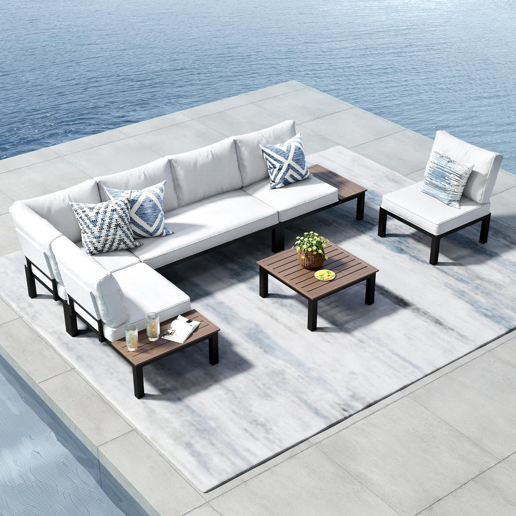 PHI VILLA 6-Seat Metal Patio Sofa Sectional Set with Gray Cushions