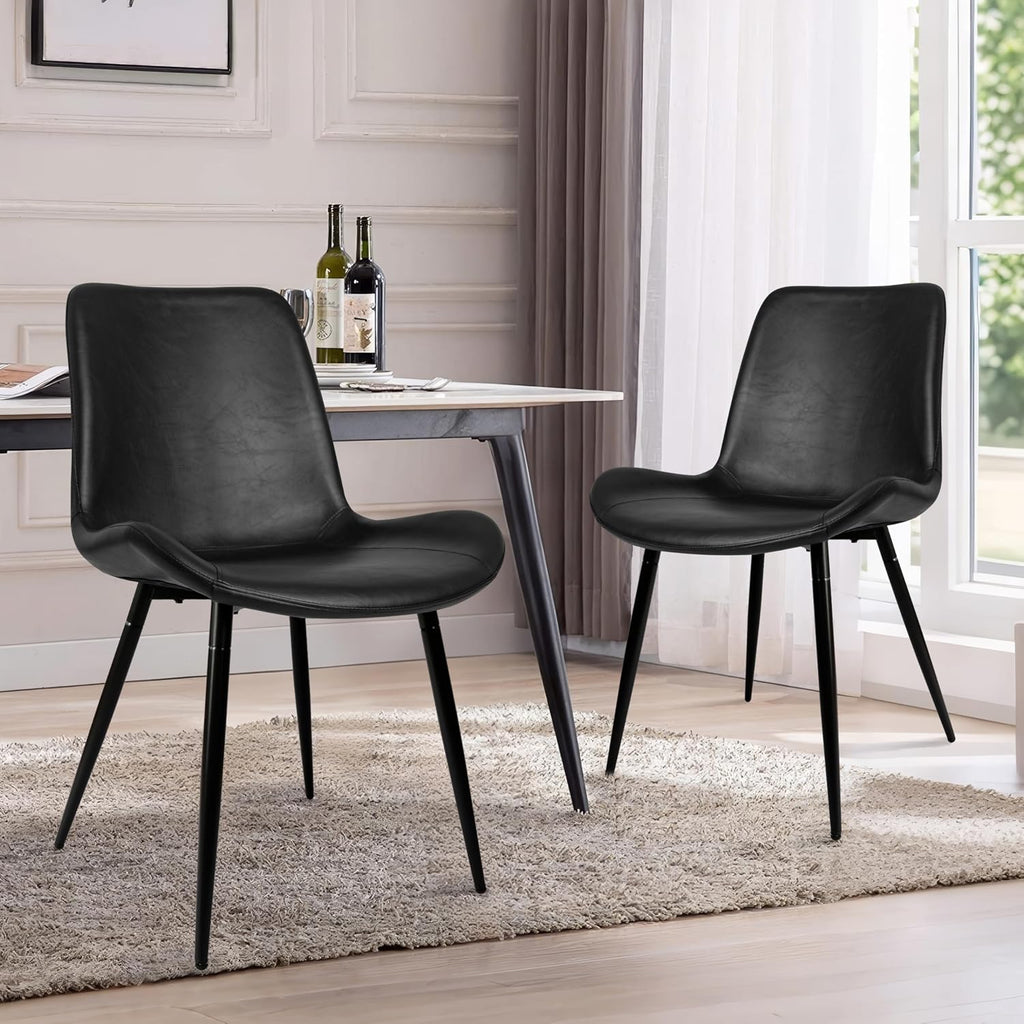 CangLong Modern Dining Chairs Set of 2, Faux Leather Upholstered Armless Accent Chairs with Soft Backrest & Metal Legs, for Living Room Meeting Room, Black