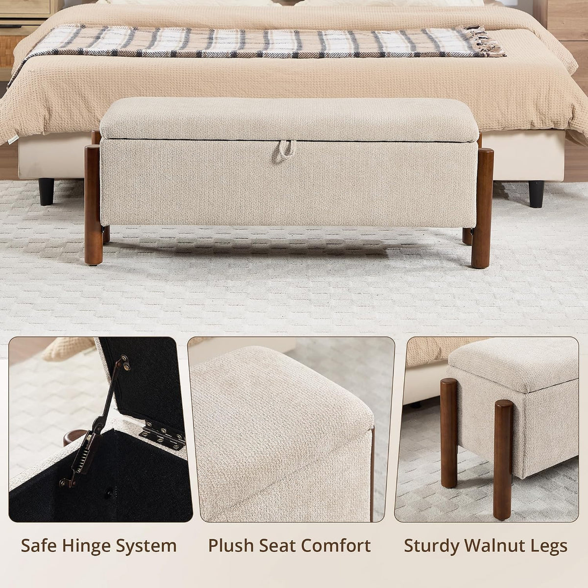 47'' Modern Storage Ottoman Benches with Walnut Wood Legs Ottoman Bench with 22 Gallons Storage Space Fabric Upholstered Seating End of Bed Bench for Bedroom for Livingroom Beige