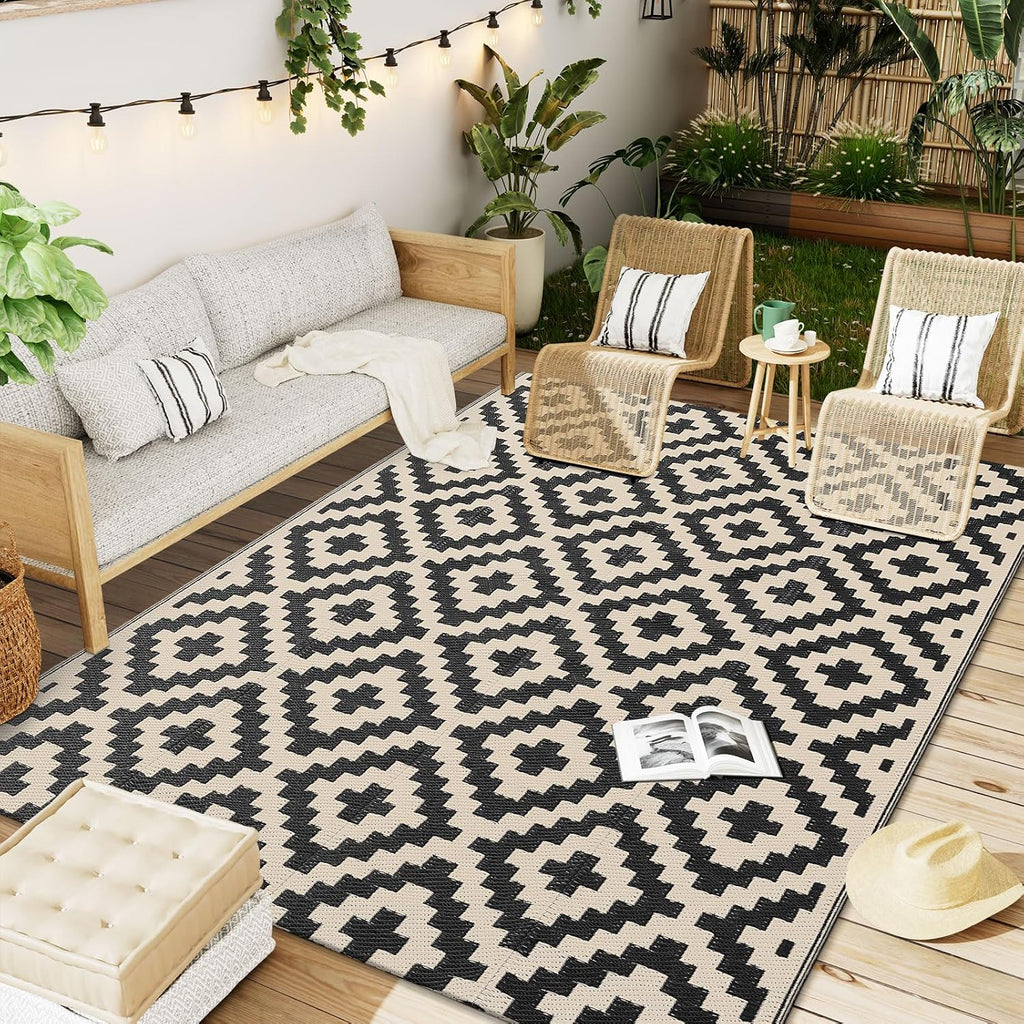 OLANLY Outdoor Rug 5x8 ft Waterproof Reversible Mat, Black & Beige