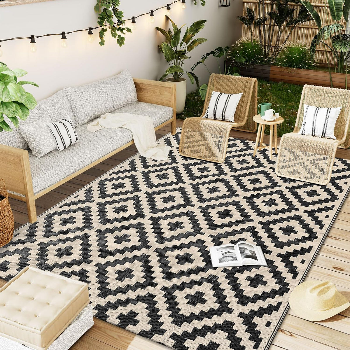 OLANLY Outdoor Rug 5x8 ft Waterproof Reversible Mat, Black & Beige