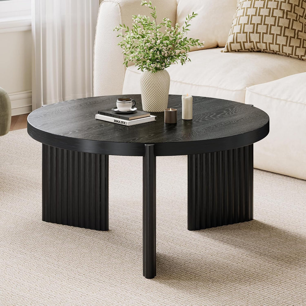 Luoxiao Round Coffee Table, 27.5" Fluted Coffee Tables for Living Room