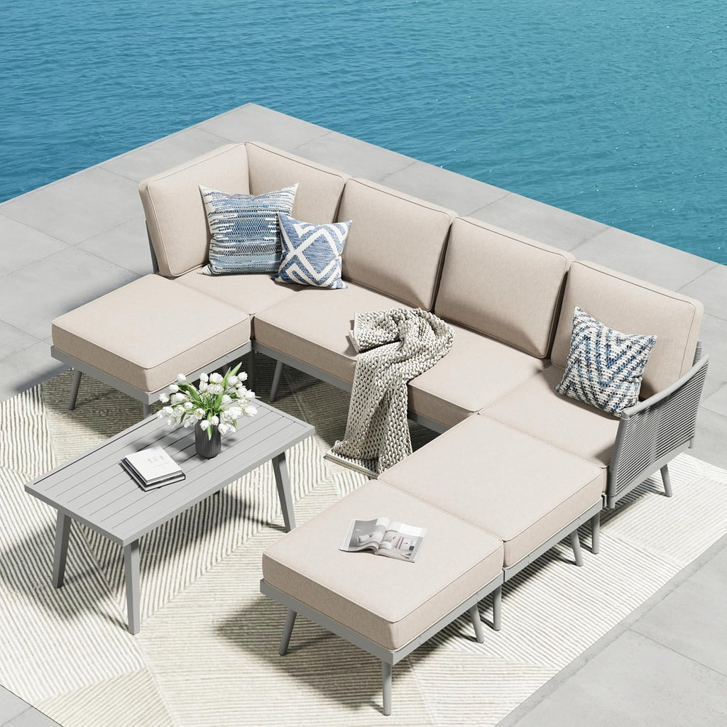 PHI VILLA 8-Piece Rope Patio Sectional Furniture Set with Cushion, Gray