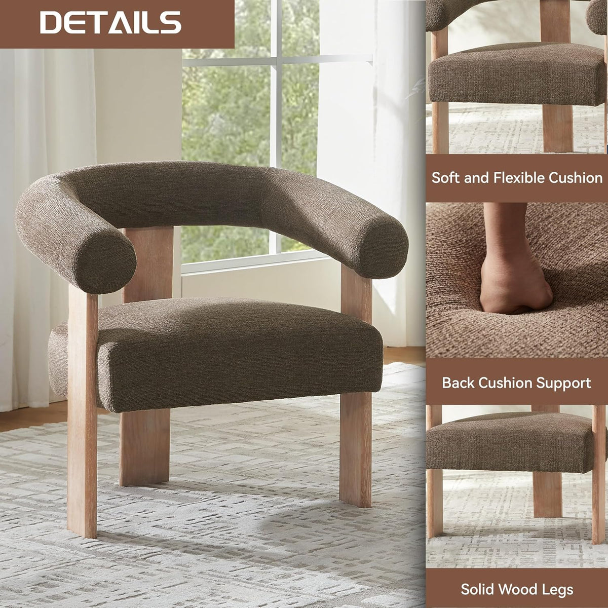 VKNOW Barrel Accent Chair, Vanity Chair with Armrests and Rubberwood Legs