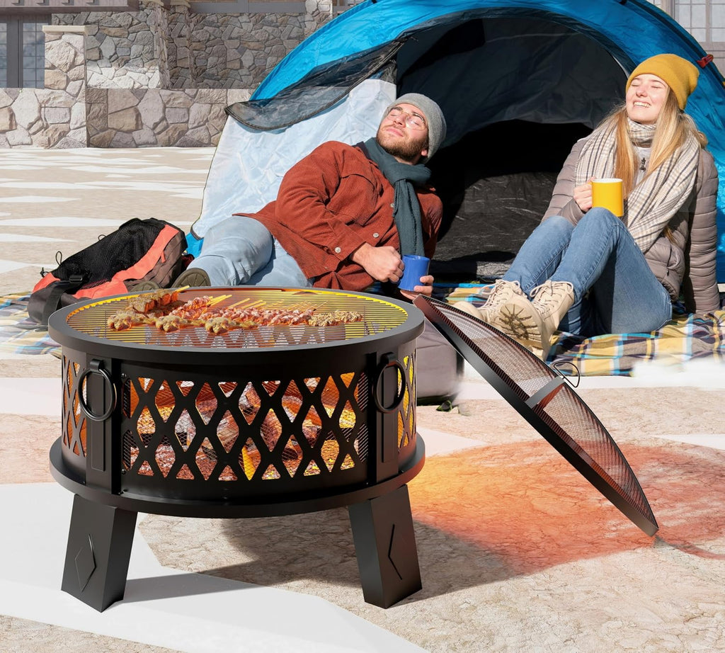 Fire Beauty 26in 2‑in‑1 Carbon Steel Fire Pit for Camping Backyard Patio