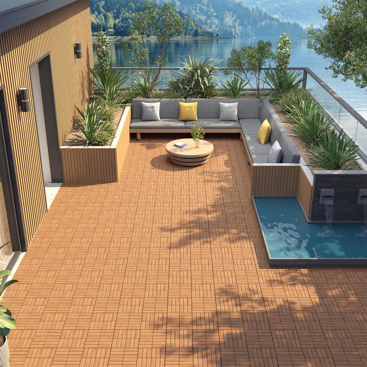 yaheetech 27pcs acacia interlocking deck tiles outdoor patio, close-up detail