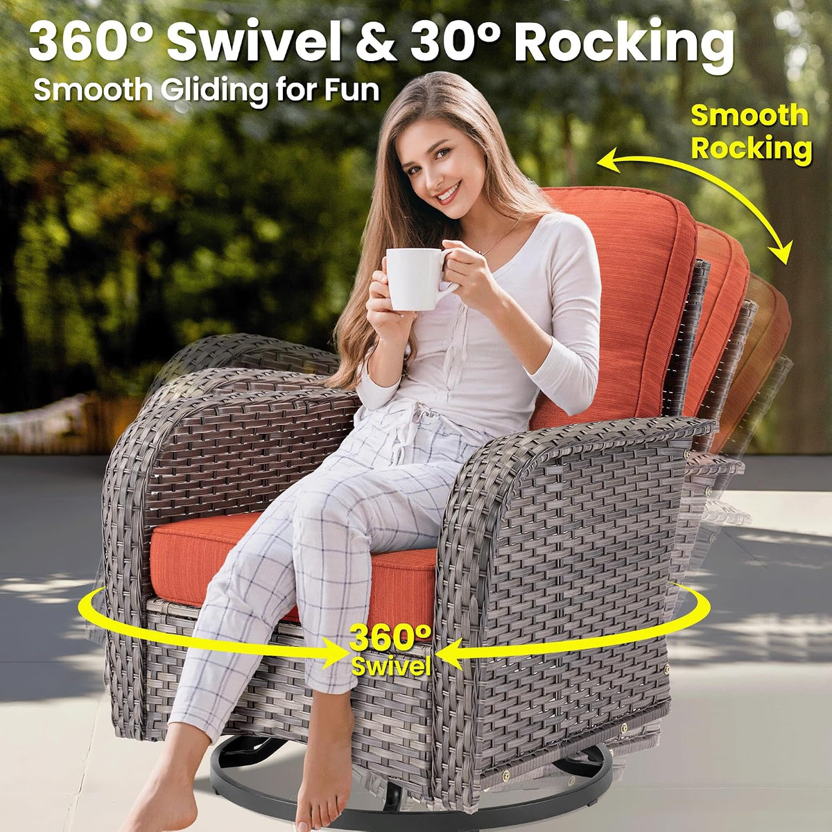 ovios 5 Pieces Patio Furniture Set, Outdoor Wicker Sofa Couch with Swivel Glider Chairs Solar Lights Table, Modern Deep Seat Rattan Conversation Sets for Deck Porch, Orange Red