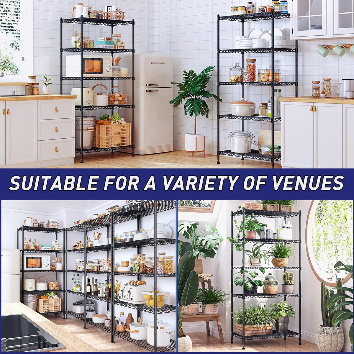 5 Tier Wire Shelving, 1010LBS Pantry Shelves Storage Shelves Adjustable Metal shelving UnitSturdy Steel Wire Shelf for Laundry Bathroom Kitchen Pantry Closet, 13.8"D x 22.4"W x 60"H, 4PCS