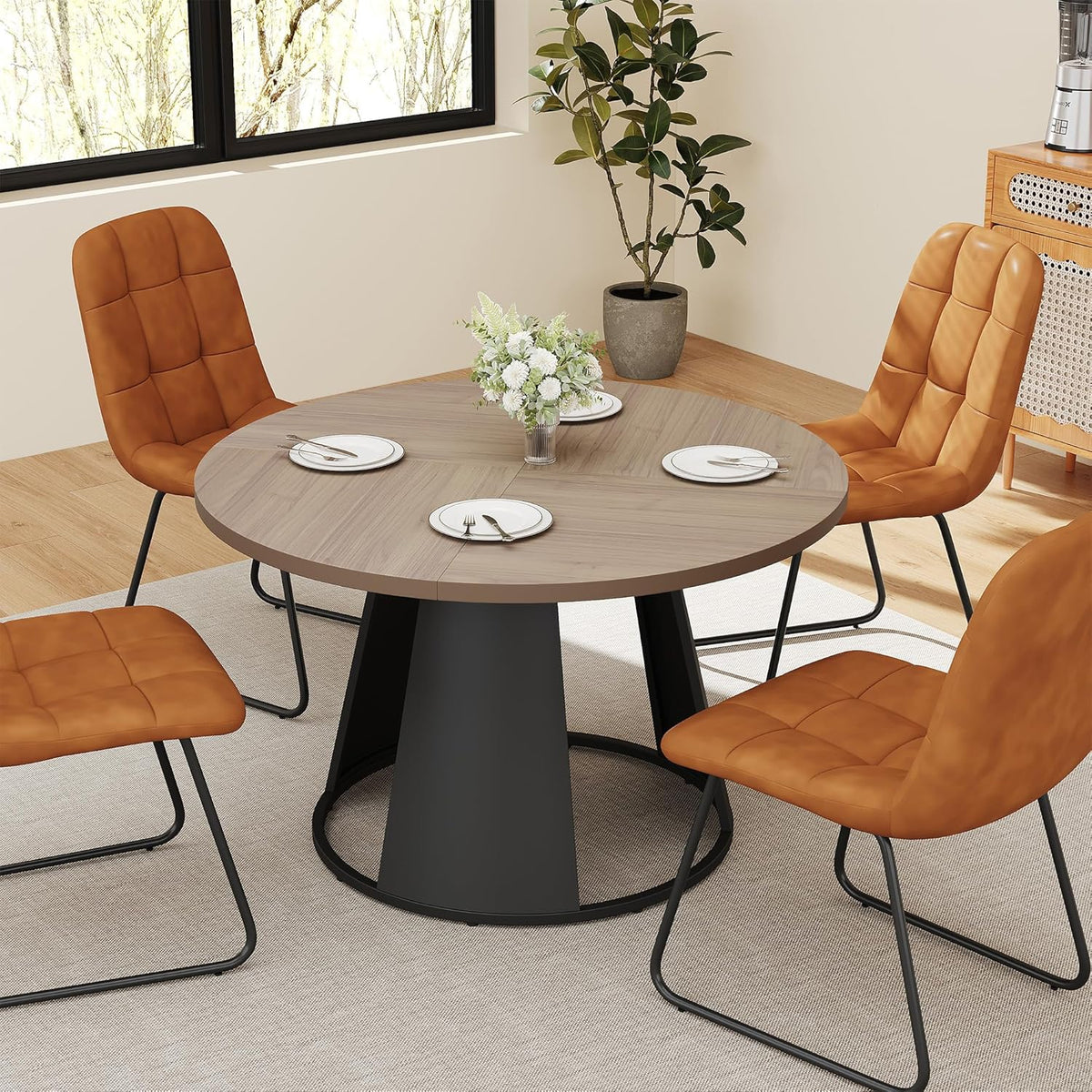HIPIHOM 47.2” Round Dining Table Set for 4 Modern Wood Table with 4 Upholstered Leather Chairs, Metal Pedestal Base, Space-Saving Kitchen & Dining Furniture for Small Apartments and Compact Spaces