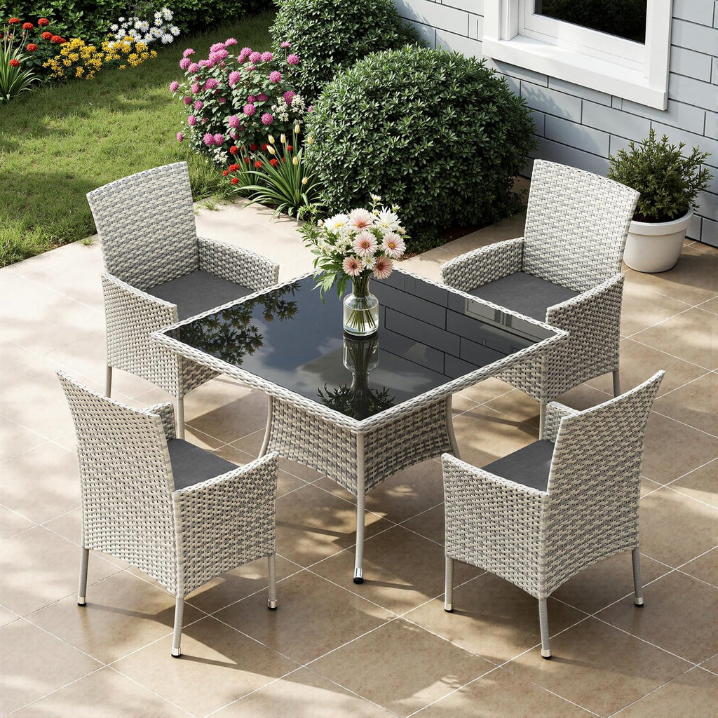 5 Piece Outdoor Patio Dining Set with Glass Table and Wicker Chairs
