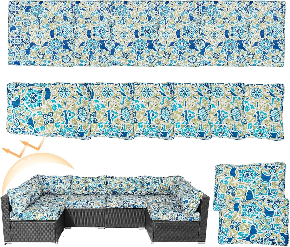 14 Piece Patio Cushion Covers Replacement Splashproof Fade Resistant Outdoor Sofa Slipcovers with Zippers for Deck & Porch Furniture (Moroccan Pattern,23.6x23.6x3.94 Inches)