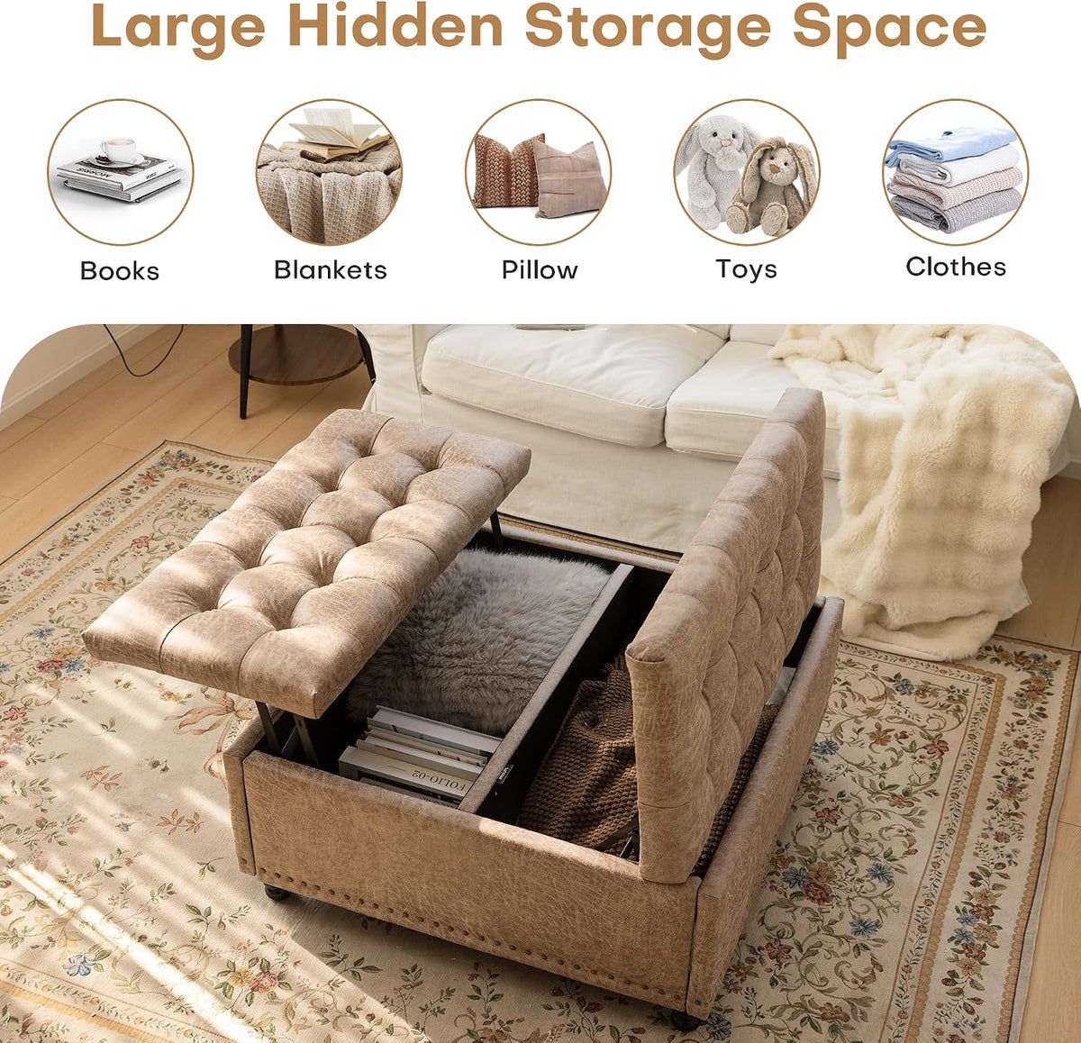 Redlife 35 Inch Large Square Storage Ottoman, Coffee Table Ottoman, Faux