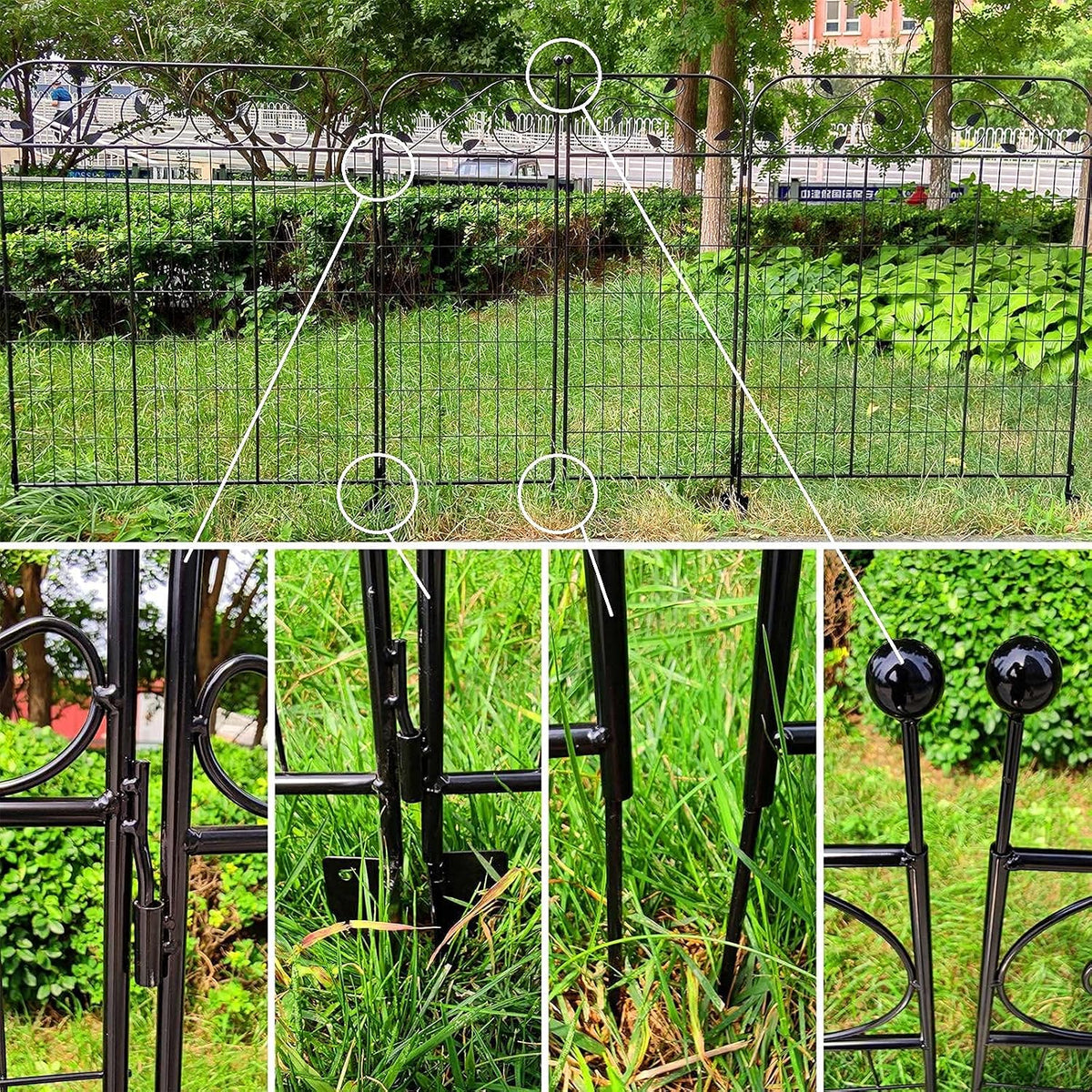 1 Pack 44 Inches x 36 Inches Black Coated Steel Decorative Garden Fence Gate with 8 Leaves, Heavy Duty Metal Wire Border Gate