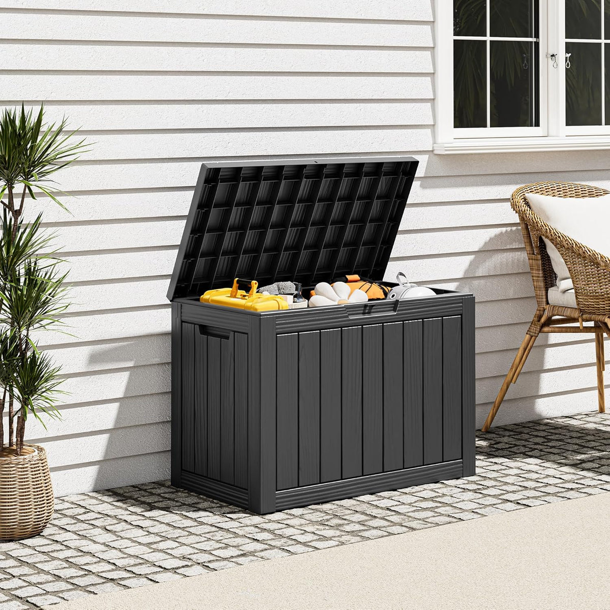 Outdoor Deck Storage Box,Resin Deck Boxes Indoor and outdoor, Waterproof Storage Box Lockable Lid (Black,45 Gallon)