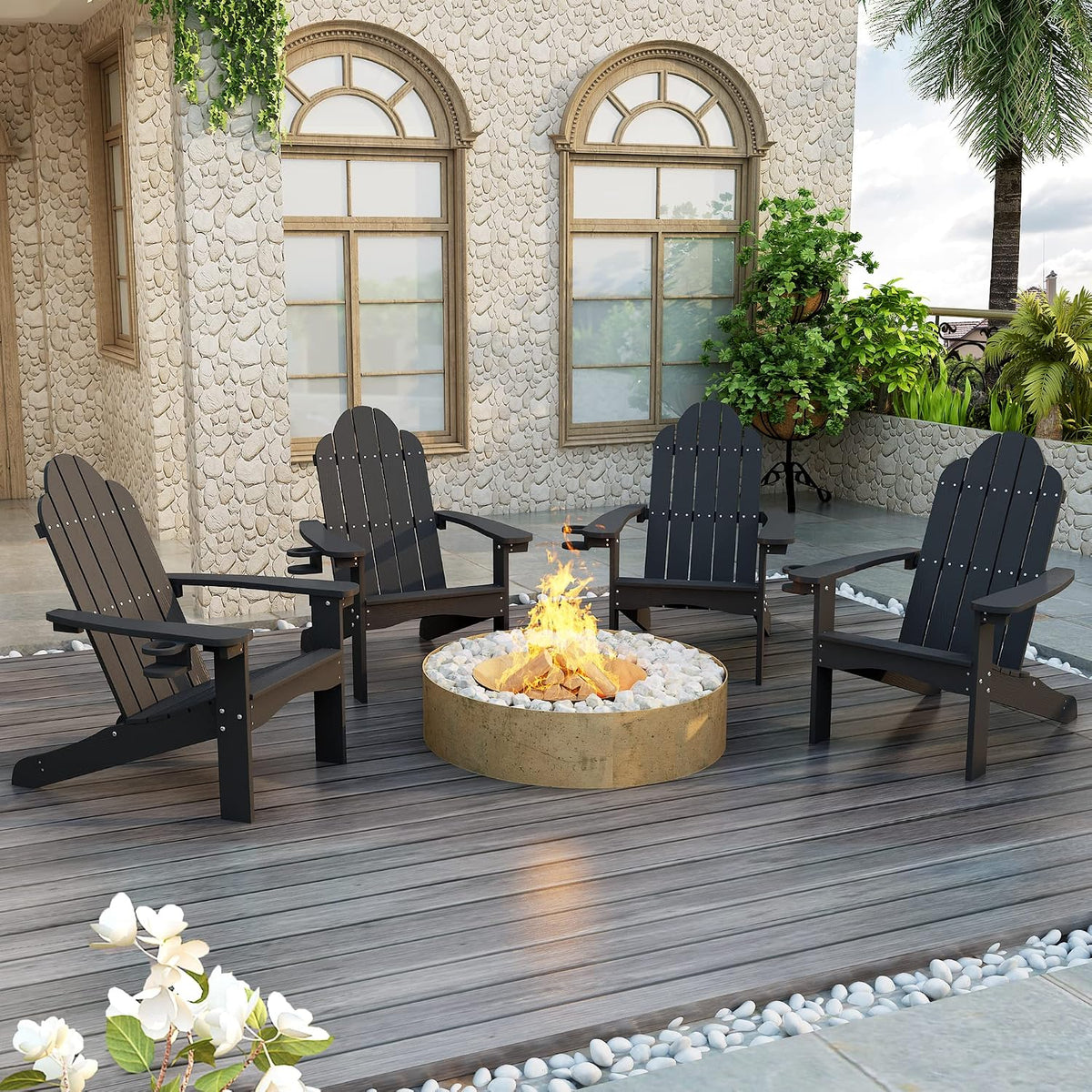 LUE BONA HDPS Outdoor Adirondack Chair, Cup Holder, Black