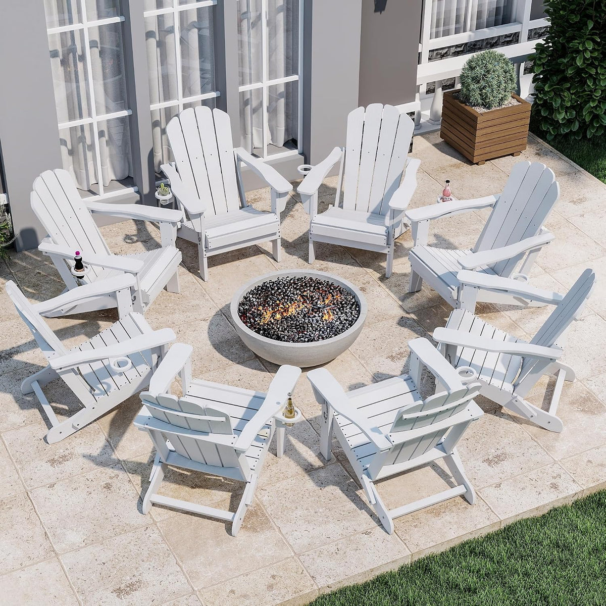 Domi Folding Adirondack Chair Set of 8, HDPE All-Weather Adirondack Chairs with Cup Holder, Outdoor Plastic Fire Pit Chairs Wood Texture for Poolside, Patio, Backyard, Deck (White)
