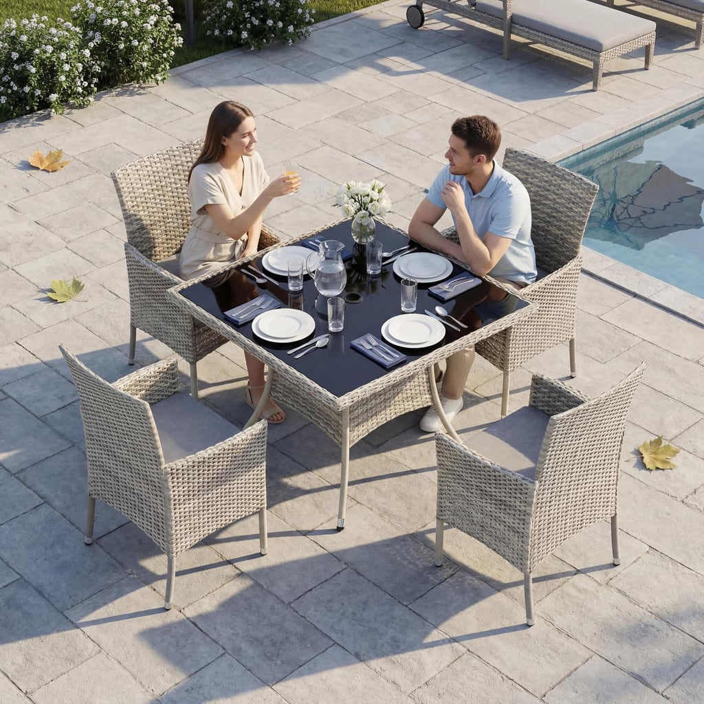 5 Piece Outdoor Patio Dining Set with Glass Table and Wicker Chairs
