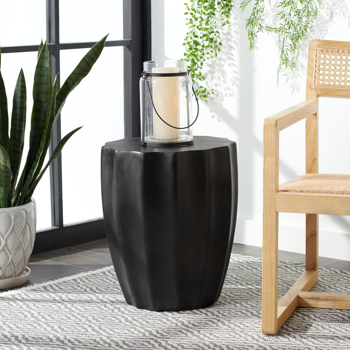 SAFAVIEH Outdoor - Jaslyn Accent Stool - Black Concrete - Modern Sculptural Drum Design - Ideal for Living Room, Patio, Deck, Sunroom, 15.3" W x 15.3" D x 17.7" H (VNN1010C)