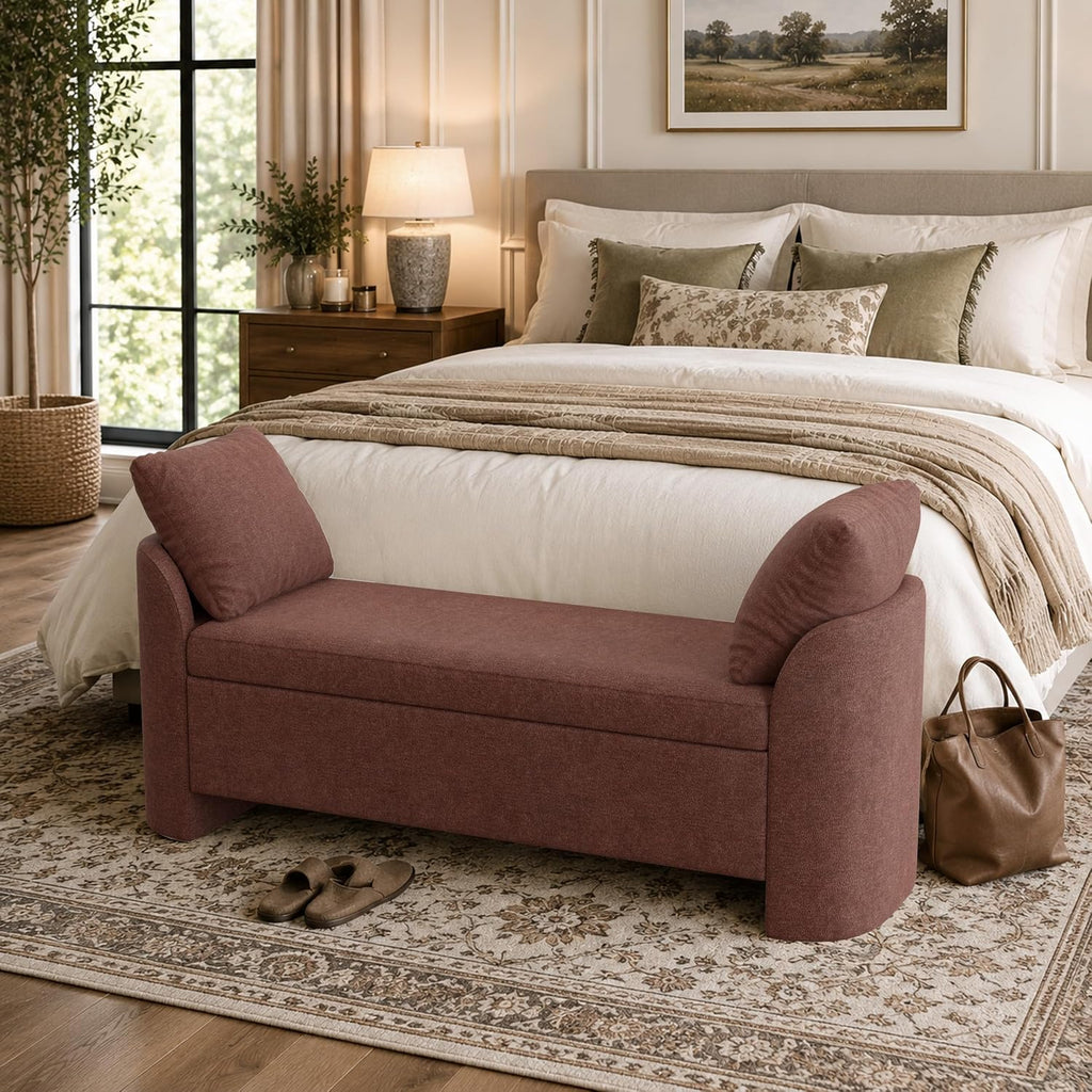 Usaint 58.3" Upholstered Storage Ottoman Bench with 2 Pillows, Rusty Red