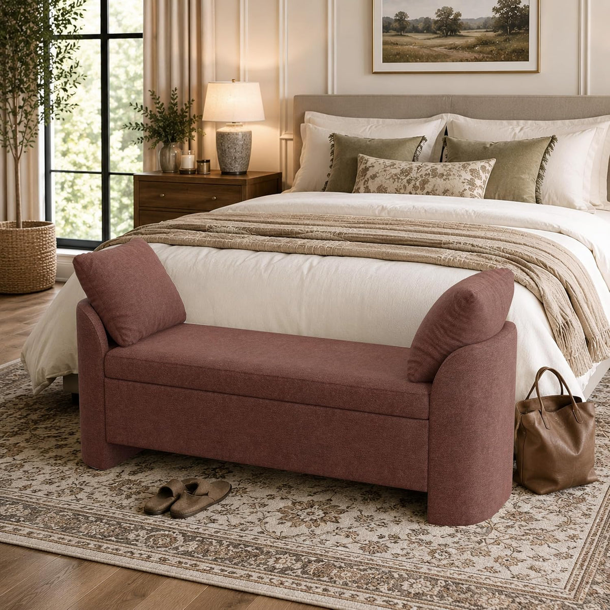 Usaint 58.3" Upholstered Storage Ottoman Bench with 2 Pillows, Rusty Red