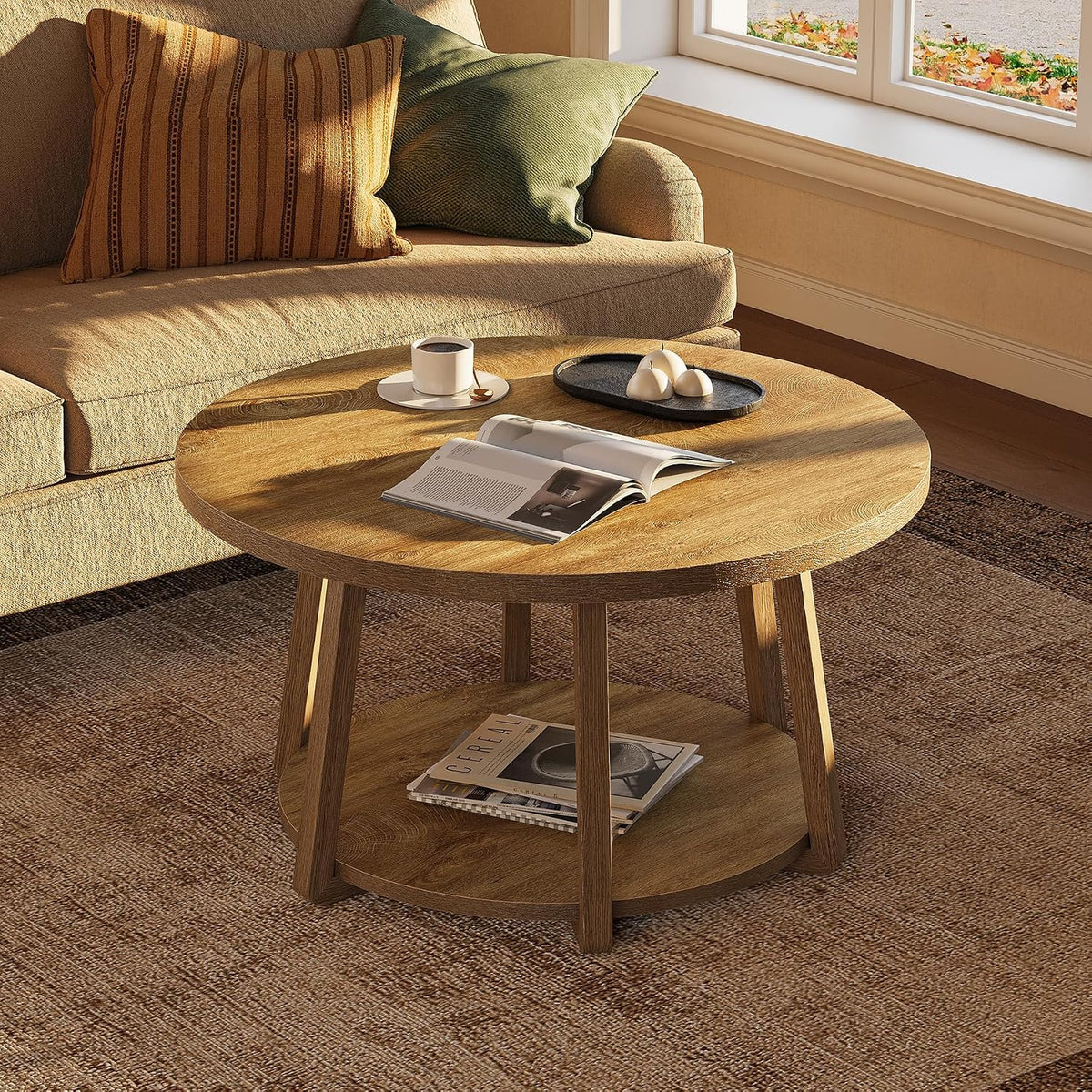 LITTLE TREE Round Coffee Table, 2-Tier Center Table with Storage