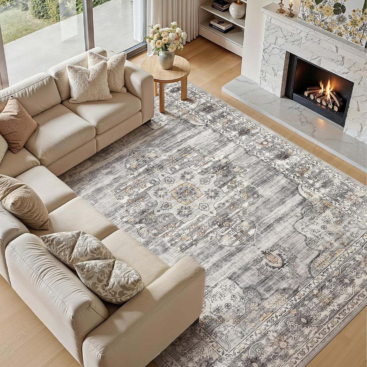Vintage Washable 8x10 Area Rug, Non-Slip Indoor Carpet, Grey