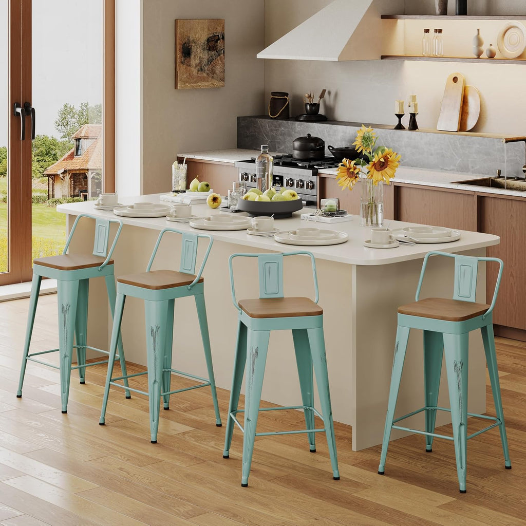 Andeworld Bar Stools Set of 4, 24" Distressed Barstools, Green Blue