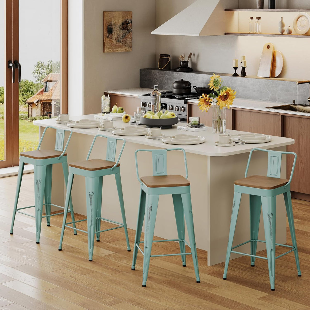 Andeworld Bar Stools Set of 4, 24" Distressed Barstools, Green Blue