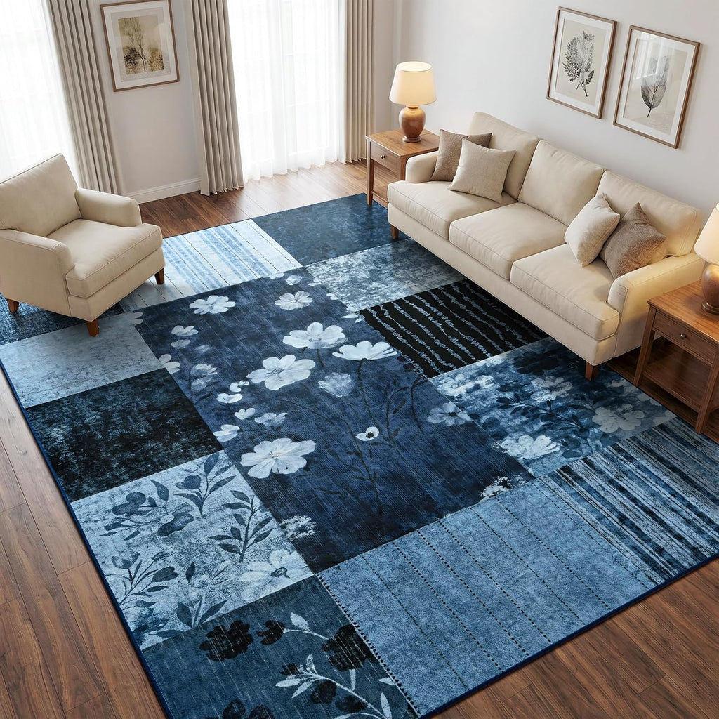 8'x10' Blue Floral Geometric Patchwork Area Rug
