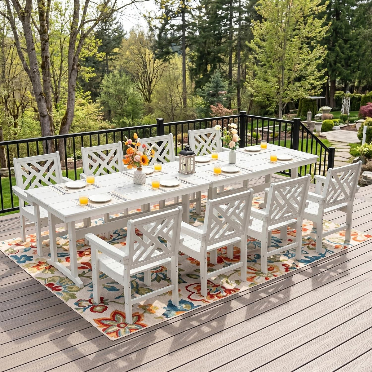HDPE Dining Table Set for 8,10-Piece Outdoor Table and Chairs Include 8 Dining Chairs and 2 Pcs 62.5" Patio Dining Table with Umbrella Hole (White)