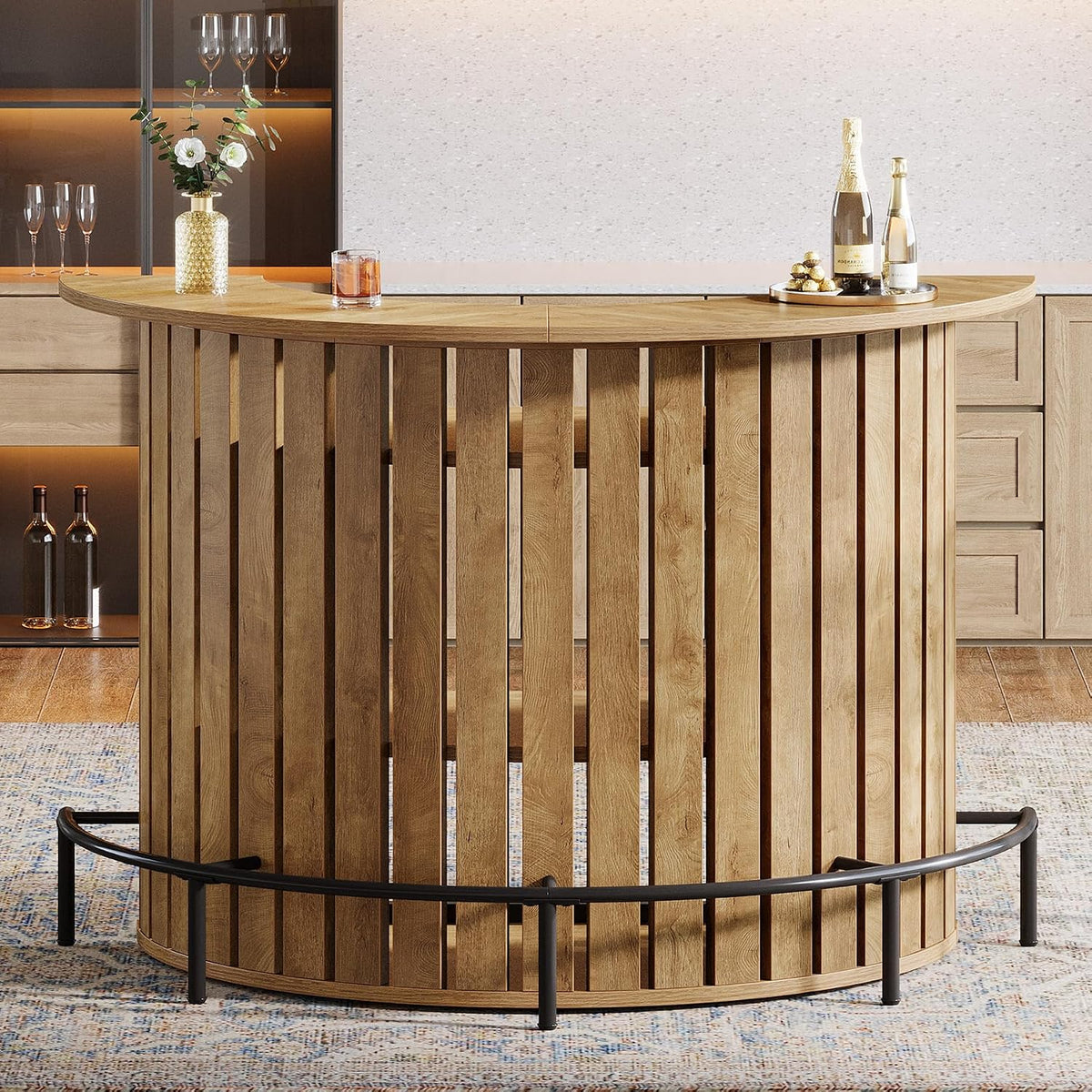 Tribesigns 4-Tier Bar Table, 47.24" Mini Home Bar Table with Footrest, Arc-Shaped Modern Bar Cabinet for Home, Living Room, Light Brown