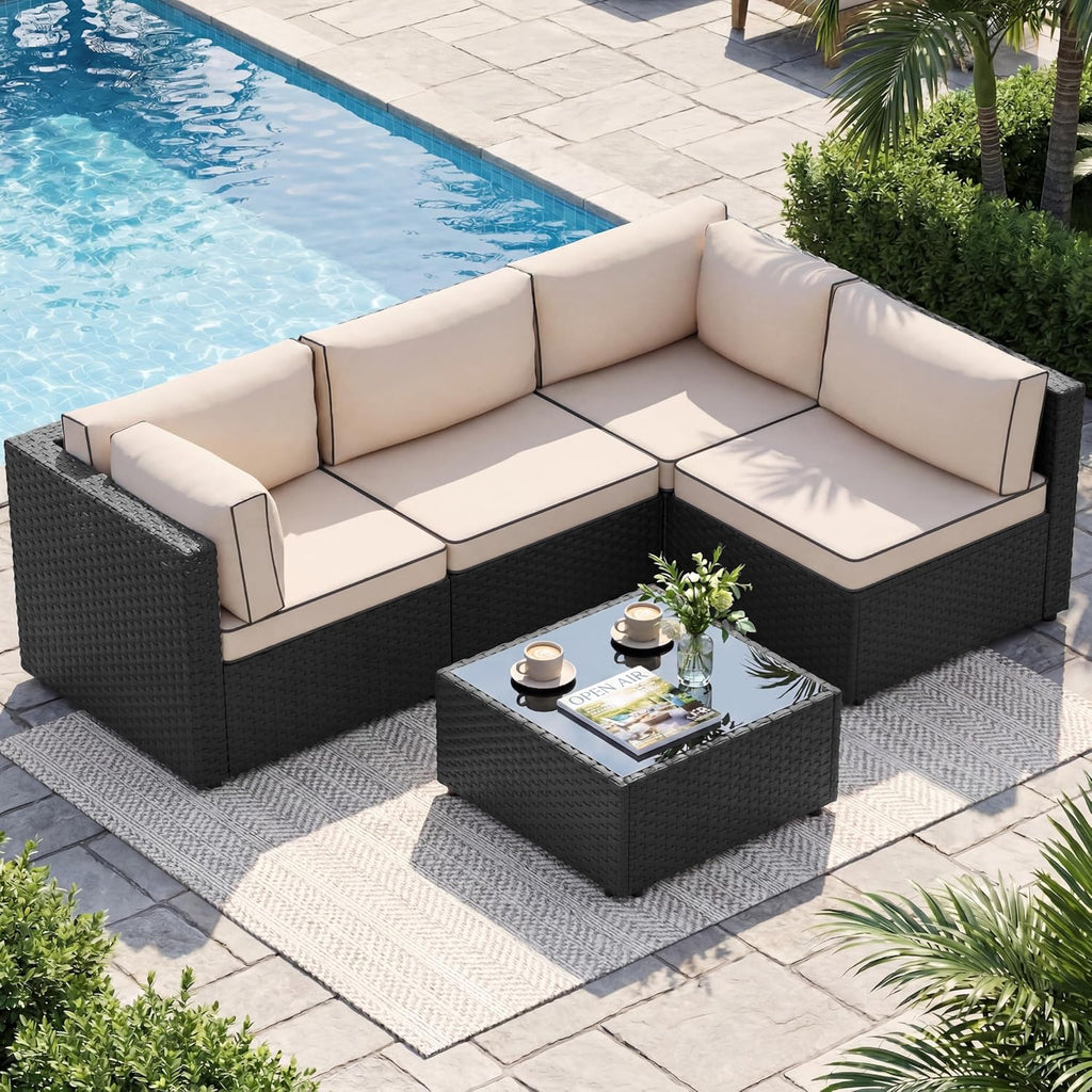Shintenchi 5 Piece Outdoor Patio Furniture Set with Black PE Rattan, Khaki