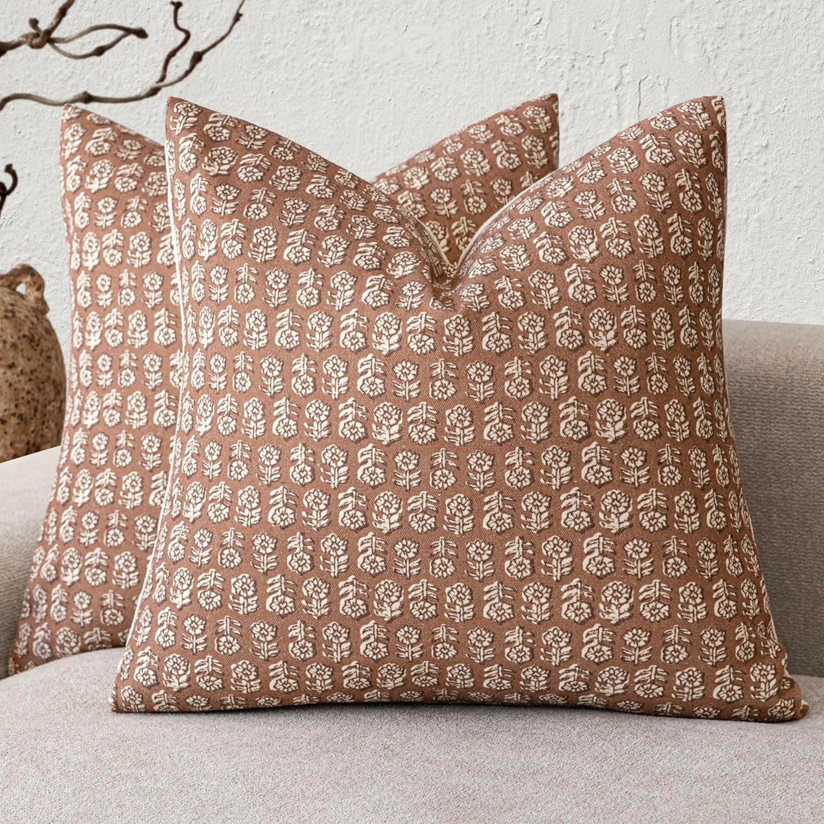 Foindtower Floral Print Throw Pillow Covers 24×24 Inch,Light Orange Brown