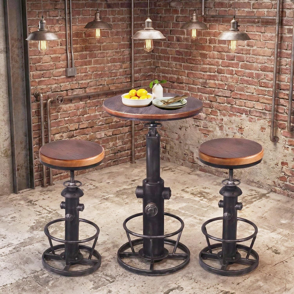 Topower 3 Piece Pub Bar Set Retro Round Bar Table and Stools for 2 Height Adjustable Pub Desk and Stools Match Bar Height and Counter Barstool Silver(1 Table + 2 Chairs)