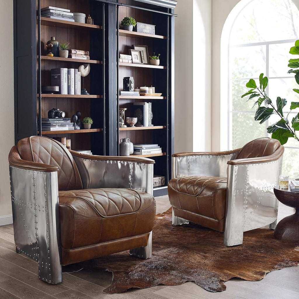 Art Leon Mid Century Industrial Genuine Leather Accent Club Chair Cognac
