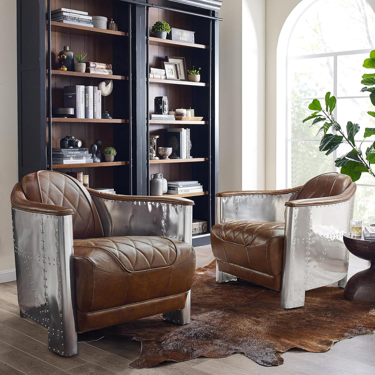 Art Leon Mid Century Industrial Genuine Leather Accent Club Chair Cognac